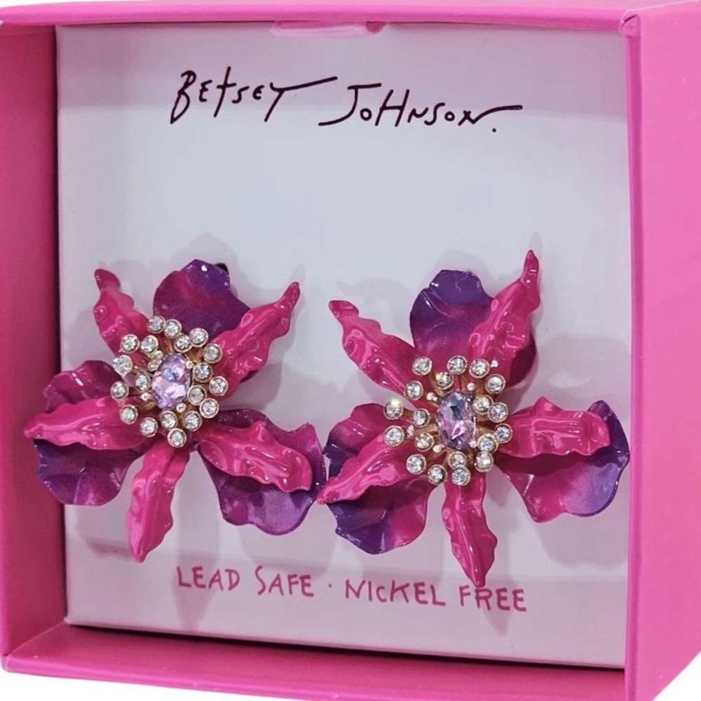 BETSEY JOHNSON SET Pink & Purple Ombré Orchid Earrings Necklace & Ring NEW NWT - Picture 5 of 16